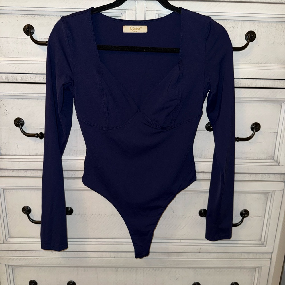 Qinsen Navy Blue Long Sleeve Bodysuit
